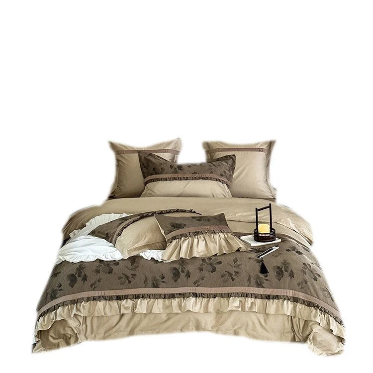 Bedding Set Cotton Satin Floral Jacquard Ruffle Trim 4-Piece