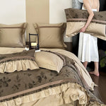 Bedding Set Cotton Satin Floral Jacquard Ruffle Trim 4-Piece