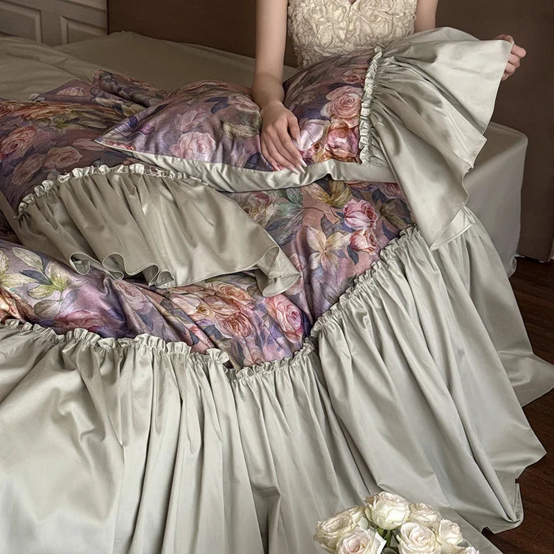 Bedding Set Cotton Satin Floral Watercolor Ruffles