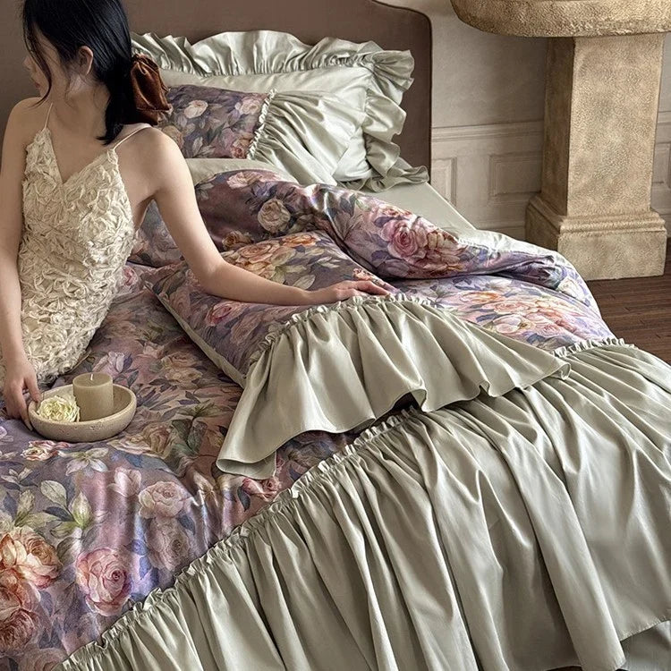 Bedding Set Cotton Satin Floral Watercolor Ruffles