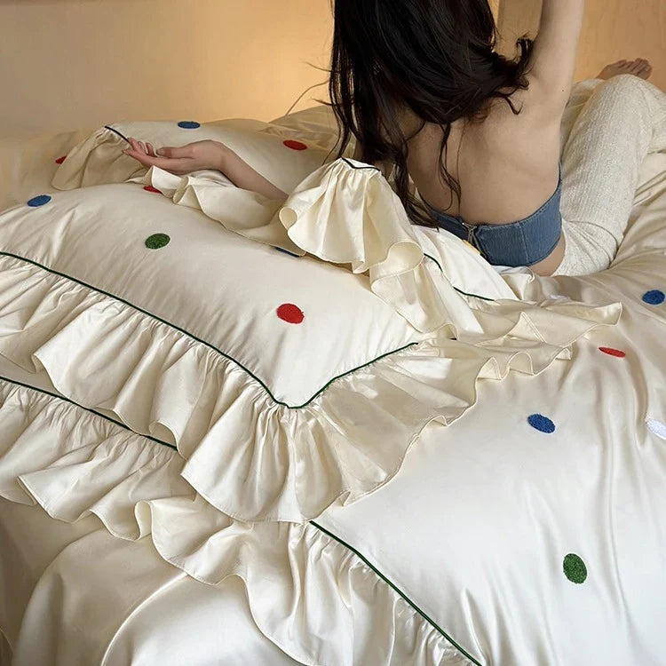 Bedding Set Cotton Satin Hand-Embroidered Dots 4-Piece