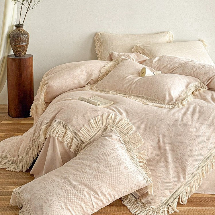 Bedding Set Cotton Satin Jacquard Fringed Trim 4-Piece