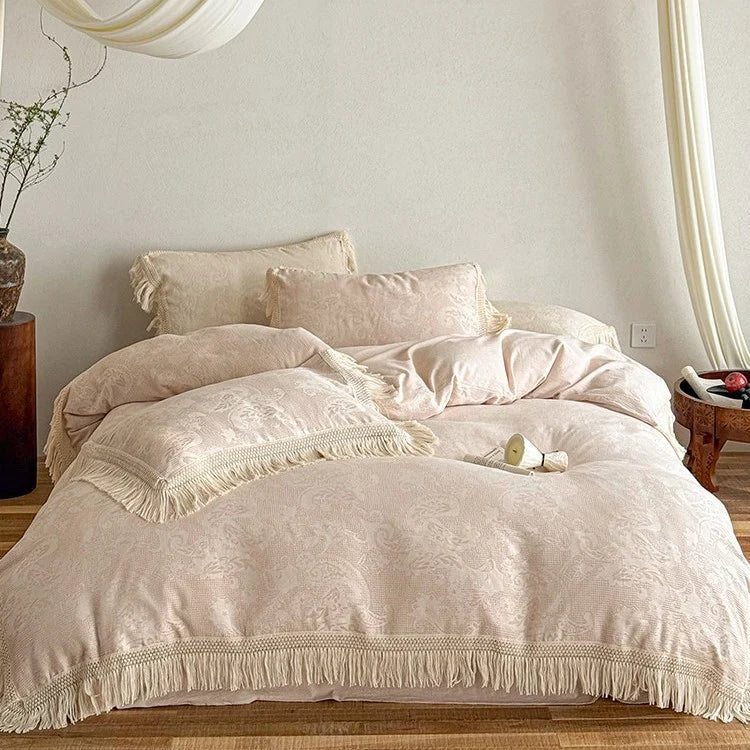 Bedding Set Cotton Satin Jacquard Fringed Trim 4-Piece
