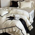 Bedding Set Cotton Satin Jacquard Ruffles & Contrast Piping