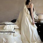 Bedding Set Cotton Satin Jacquard Ruffles & Contrast Piping