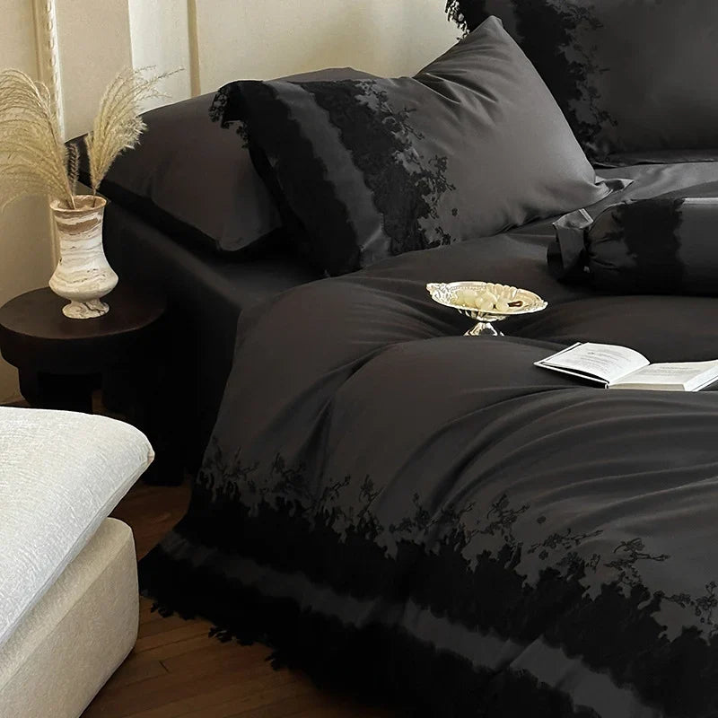Bedding Set Cotton Satin Lace Embroidery Set of 4