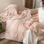 Bedding Set Cotton Satin Lace Trim Ruffled 4-Piece
