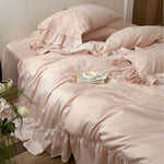 Bedding Set Cotton Satin Lace Trim Ruffled 4-Piece