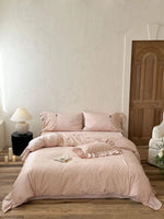 Bedding Set Cotton Satin Lace Trim Ruffled 4-Piece