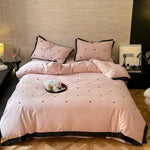 Bedding Set Cotton Satin Mini-Heart Embroidery & Contrast Piping