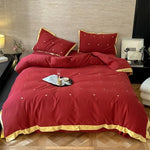 Bedding Set Cotton Satin Mini-Heart Embroidery & Contrast Piping