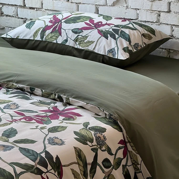 Bedding Set Cotton Satin Reversible Botanical Set of 4
