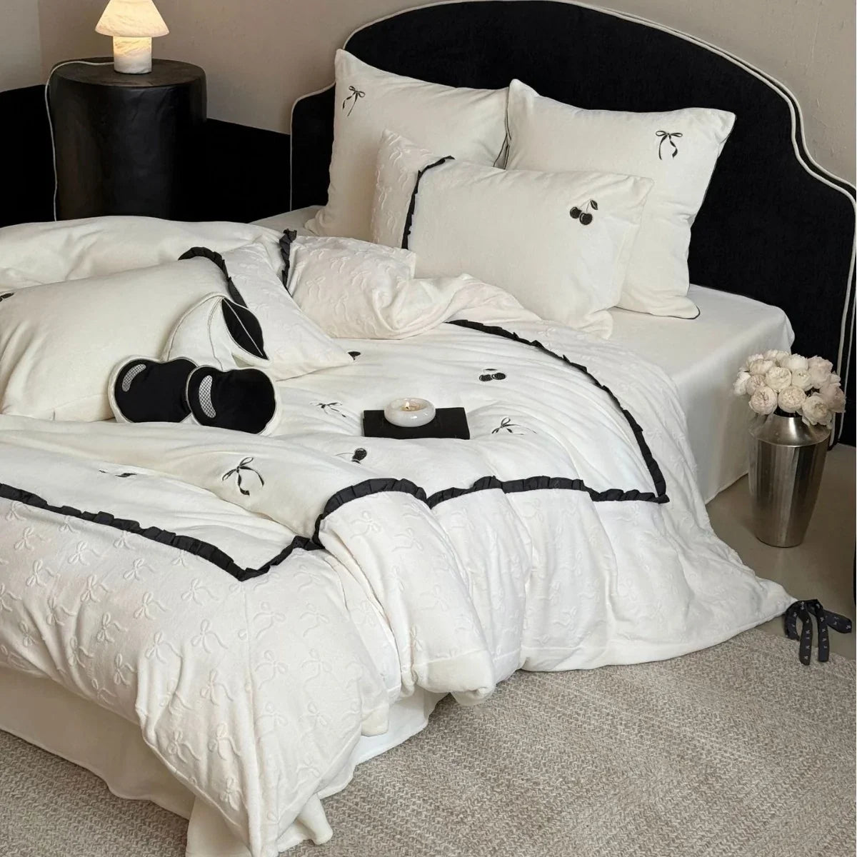 Bedding Set Cotton Satin Reversible Cherry Embroidery