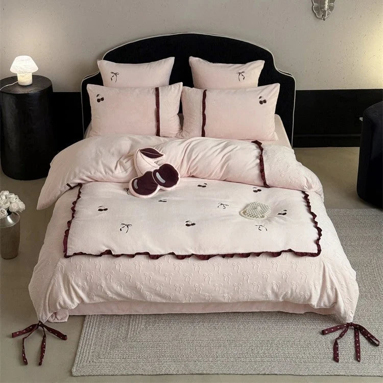 Bedding Set Cotton Satin Reversible Cherry Embroidery