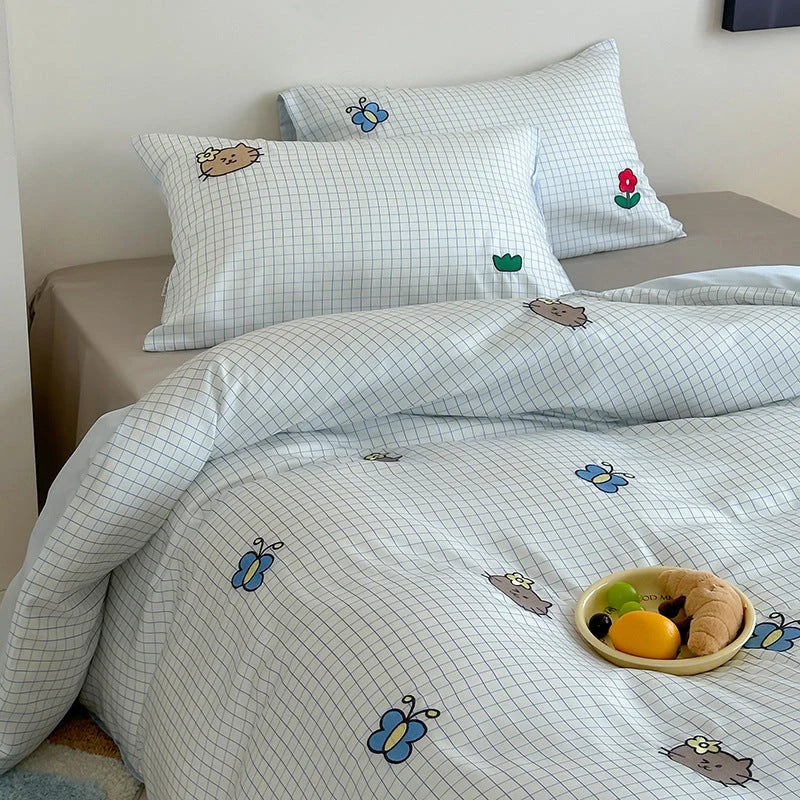 Bedding Set Cotton Satin Reversible Striped Cat Embroidery