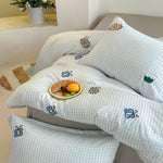 Bedding Set Cotton Satin Reversible Striped Cat Embroidery