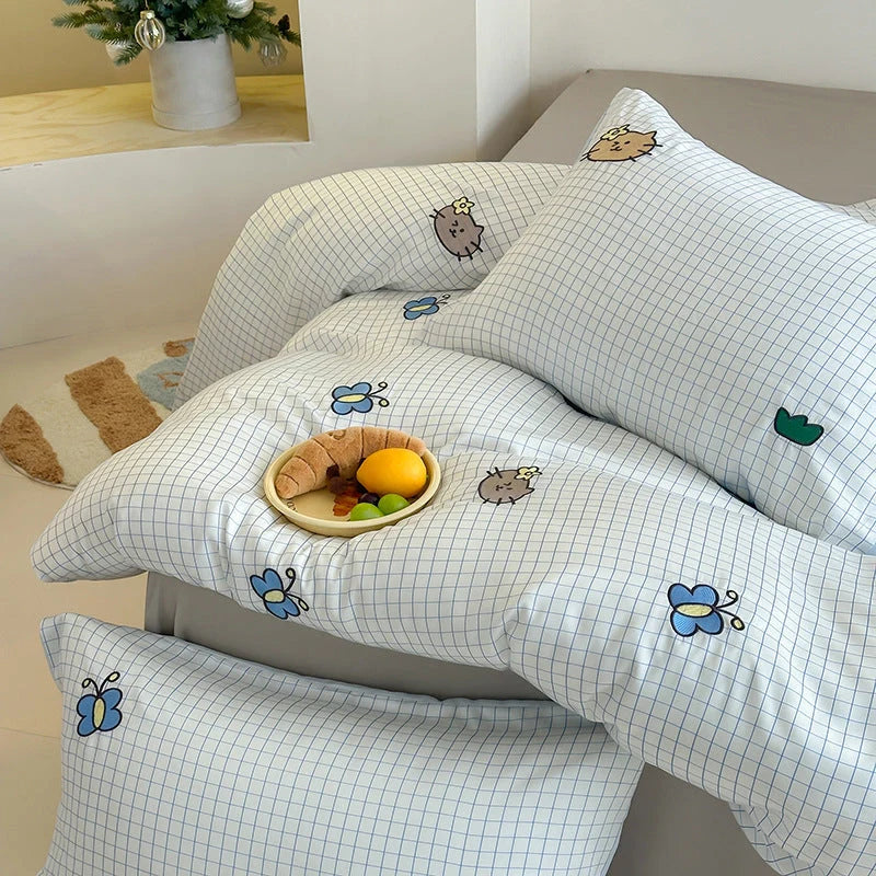 Bedding Set Cotton Satin Reversible Striped Cat Embroidery