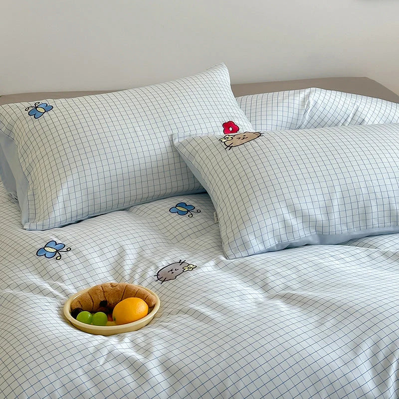 Bedding Set Cotton Satin Reversible Striped Cat Embroidery