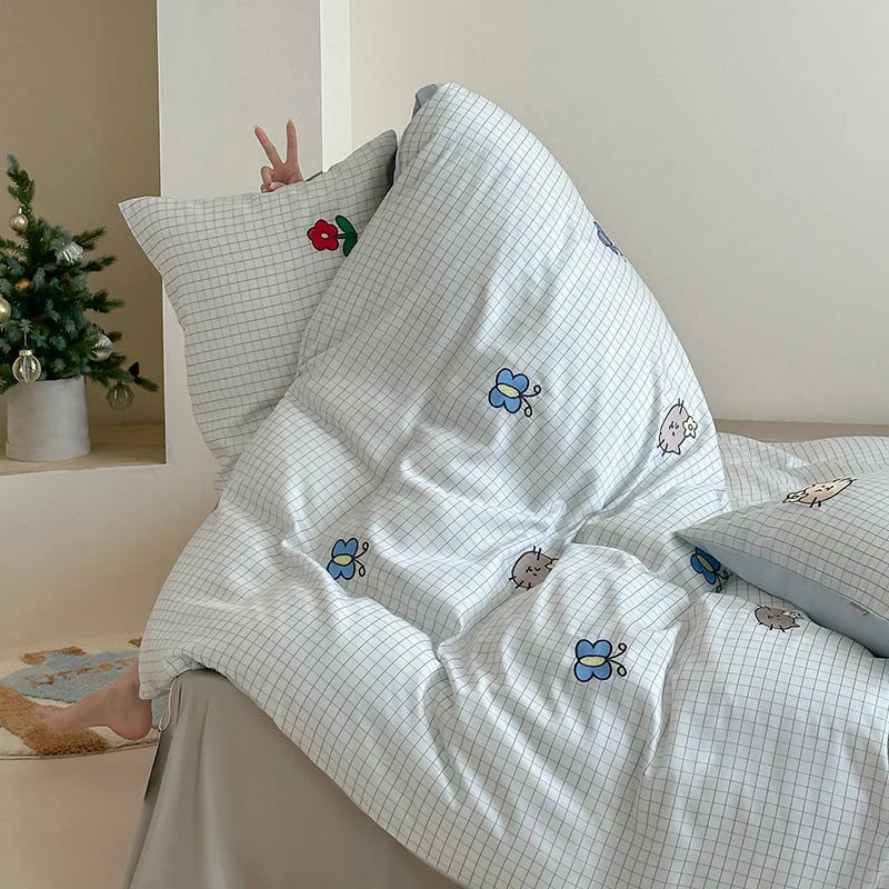 Bedding Set Cotton Satin Reversible Striped Cat Embroidery