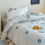 Bedding Set Cotton Satin Reversible Striped Cat Embroidery
