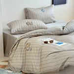 Bedding Set Cotton Satin Reversible Striped Cat Embroidery