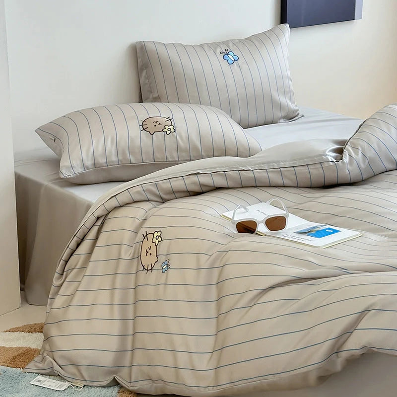 Bedding Set Cotton Satin Reversible Striped Cat Embroidery