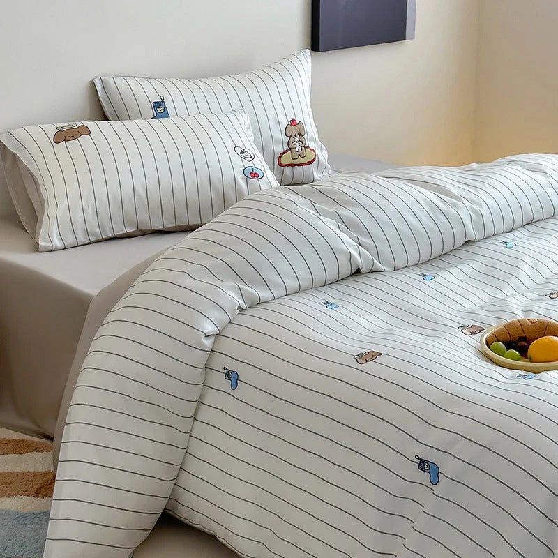 Bedding Set Cotton Satin Reversible Striped Cat Embroidery