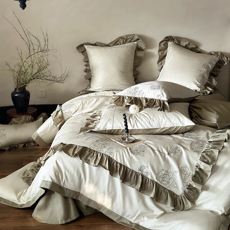 Bedding Set Cotton Satin Rose Embroidery 4-Piece Set