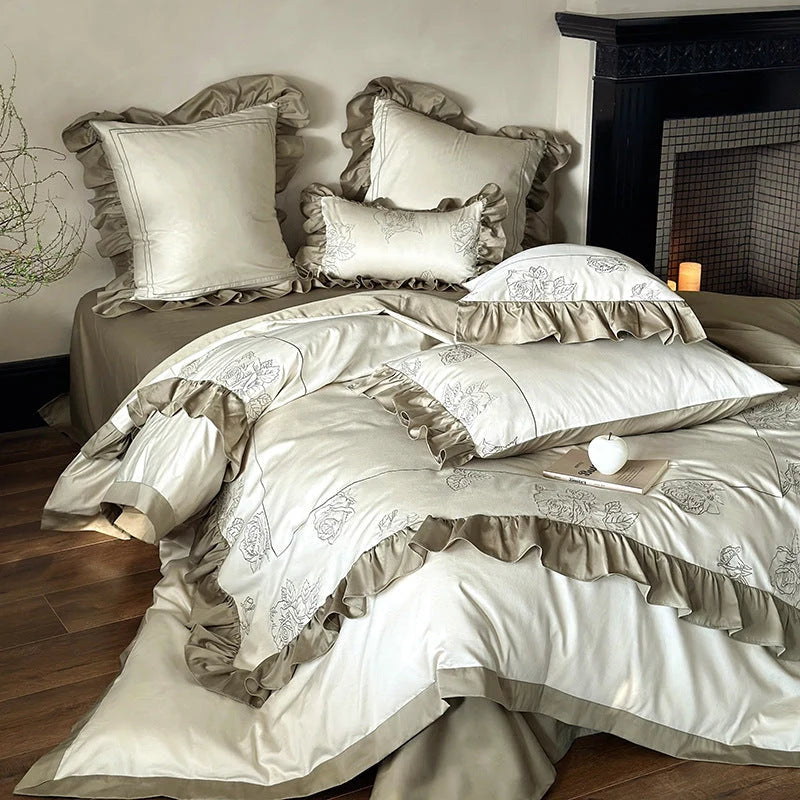 Bedding Set Cotton Satin Rose Embroidery 4-Piece Set