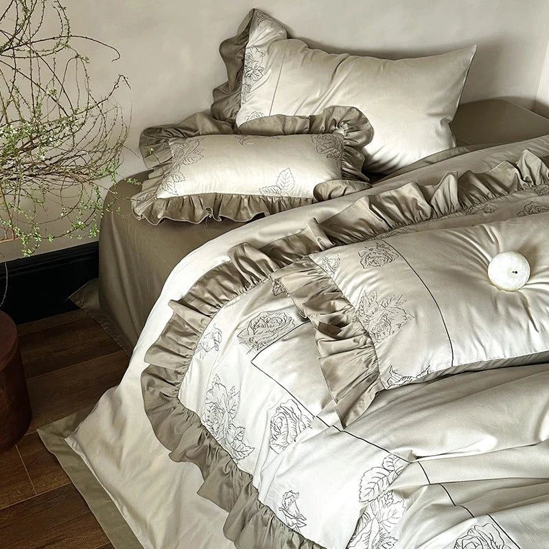 Bedding Set Cotton Satin Rose Embroidery 4-Piece Set