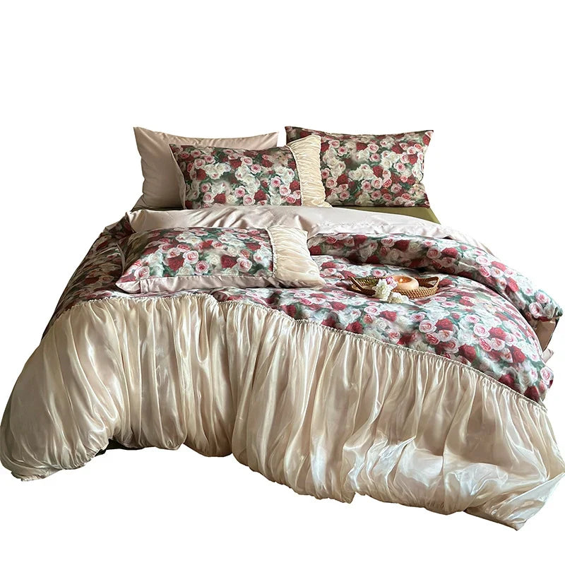 Bedding Set Cotton-Satin Rose Pattern & Gathered Bed Skirt