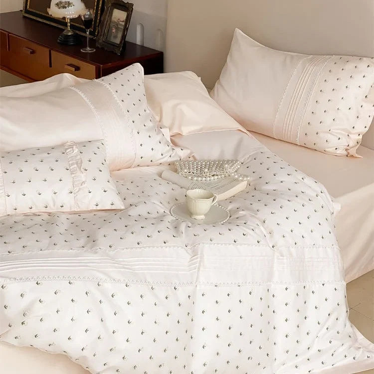 Bedding Set Cotton Satin Rosebud Embroidery & Lace Trim