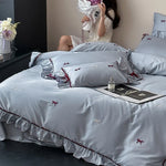 Bedding Set Cotton Satin Ruffle & Bow Embroidery