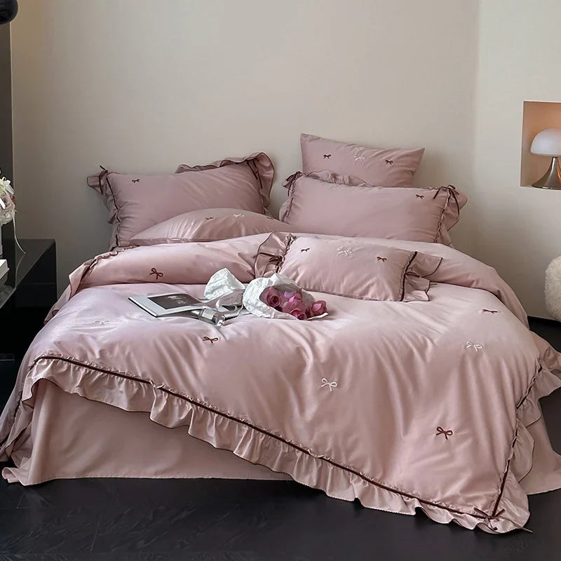 Bedding Set Cotton Satin Ruffle & Bow Embroidery