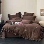 Bedding Set Cotton Satin Ruffle & Bow Embroidery