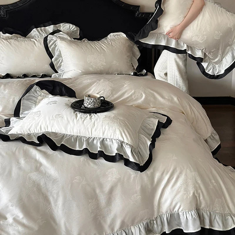 Bedding Set Cotton Satin Ruffle & Contrasting Edge