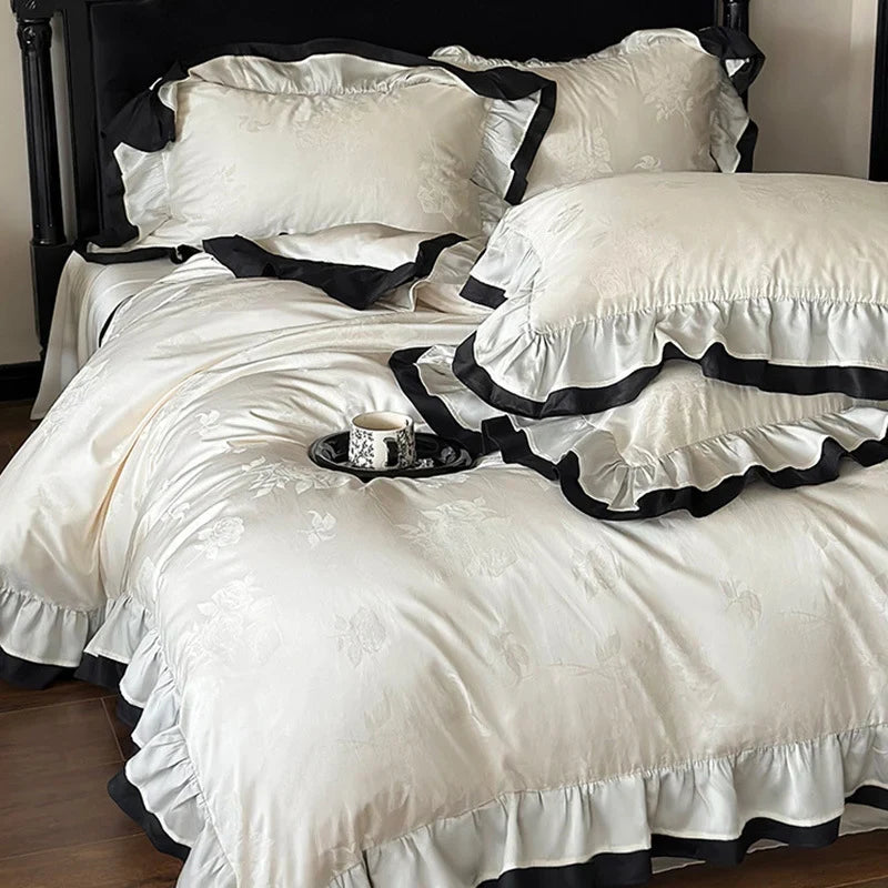 Bedding Set Cotton Satin Ruffle & Contrasting Edge