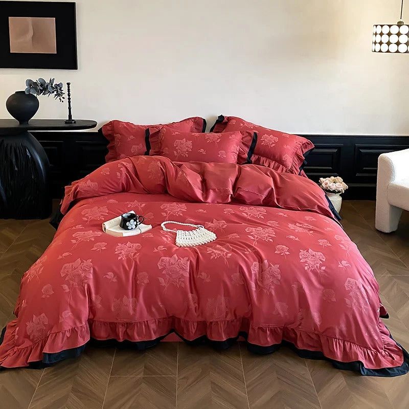 Bedding Set Cotton Satin Ruffle & Contrasting Edge
