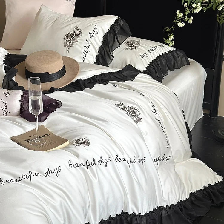 Bedding Set Cotton Satin Ruffle & Rose Embroidery 4-Piece