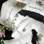 Bedding Set Cotton Satin Ruffle & Rose Embroidery 4-Piece