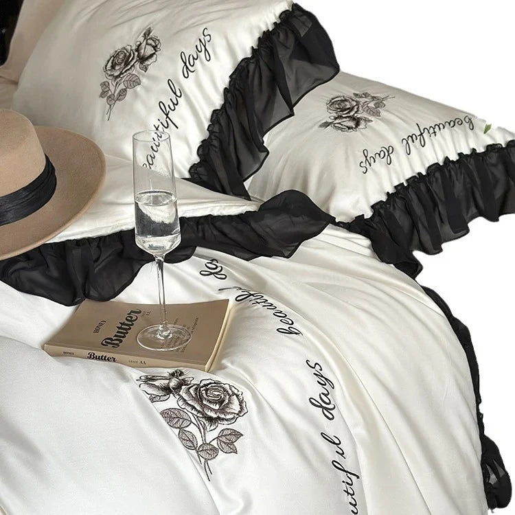 Bedding Set Cotton Satin Ruffle & Rose Embroidery 4-Piece