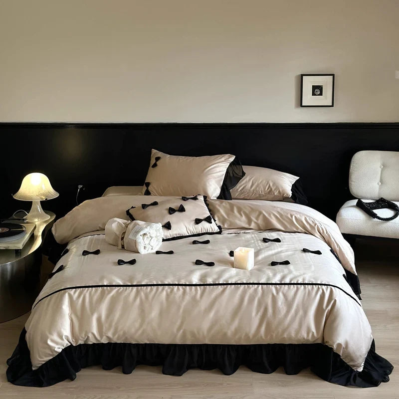 Bedding Set Cotton Satin Ruffles & Bows Four-Piece