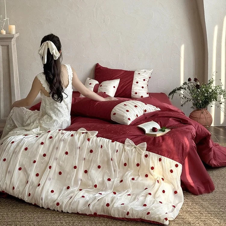 Bedding Set Cotton Satin Tulle Overlay & Pompoms