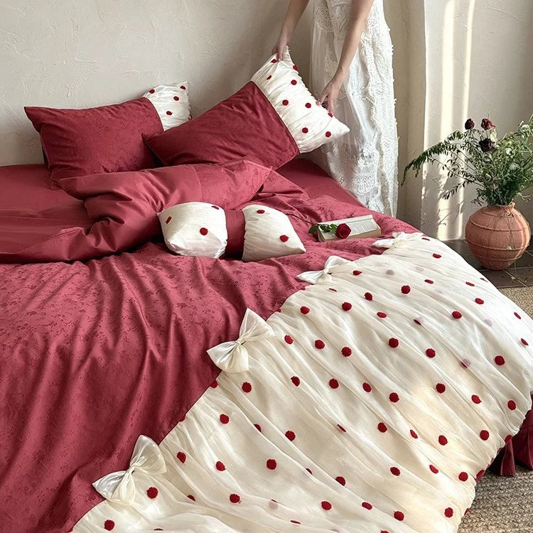 Bedding Set Cotton Satin Tulle Overlay & Pompoms