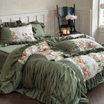 Bedding Set Cotton Satin Vintage Rose & Ruffles 4-Piece