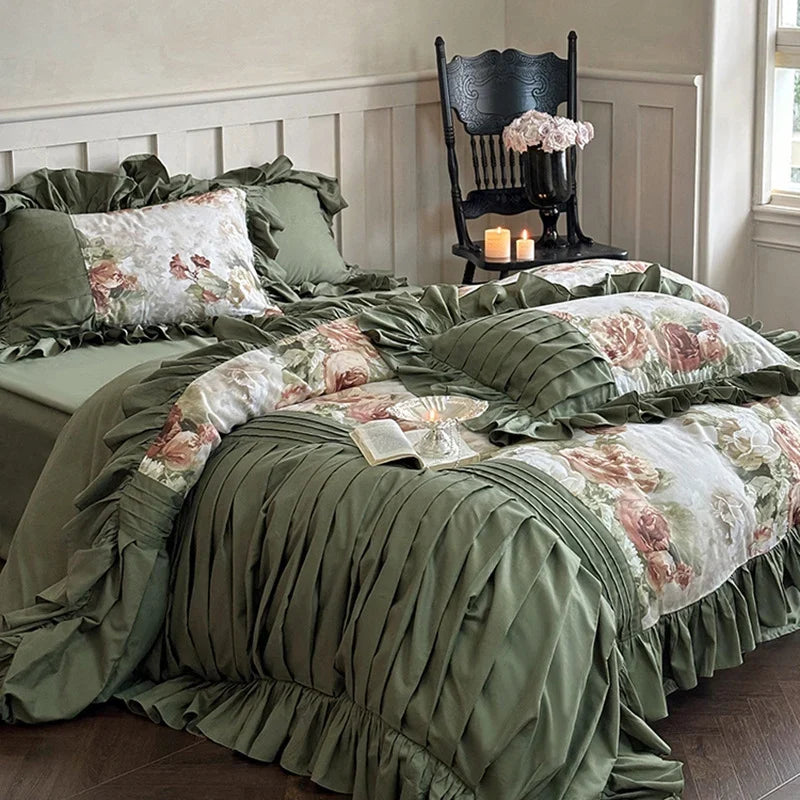 Bedding Set Cotton Satin Vintage Rose & Ruffles 4-Piece