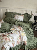 Bedding Set Cotton Satin Vintage Rose & Ruffles 4-Piece