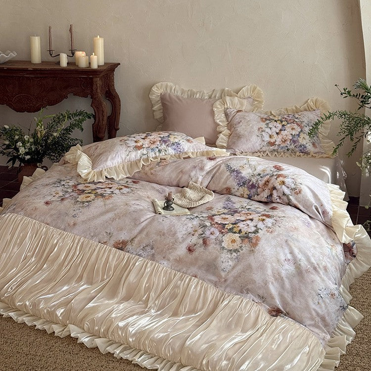 Bedding Set Cotton Satin Watercolor Floral 4-Piece Set