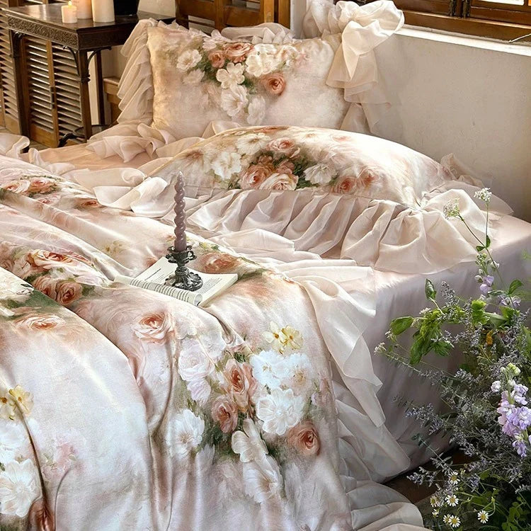 Bedding Set Cotton Satin Watercolor Floral Ruffle Trim