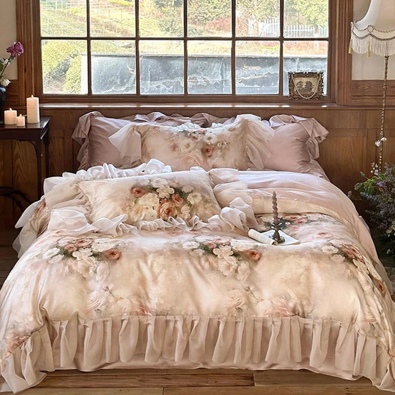 Bedding Set Cotton Satin Watercolor Floral Ruffle Trim
